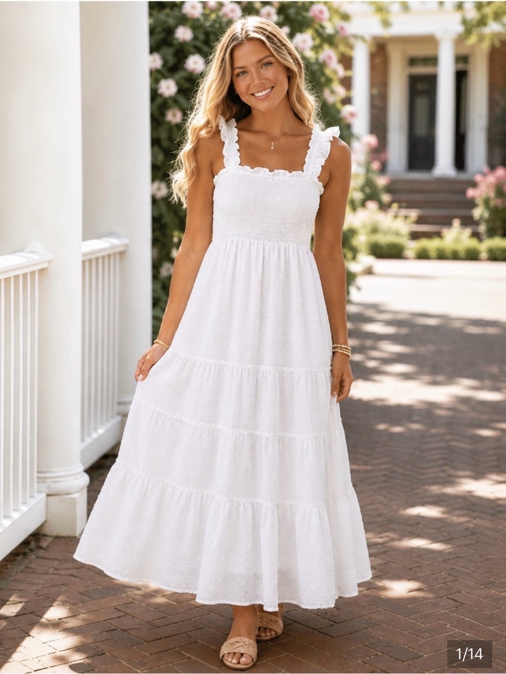 Hill House Home The Nap Dress Smocked Ruffle Straps Tiered White Small